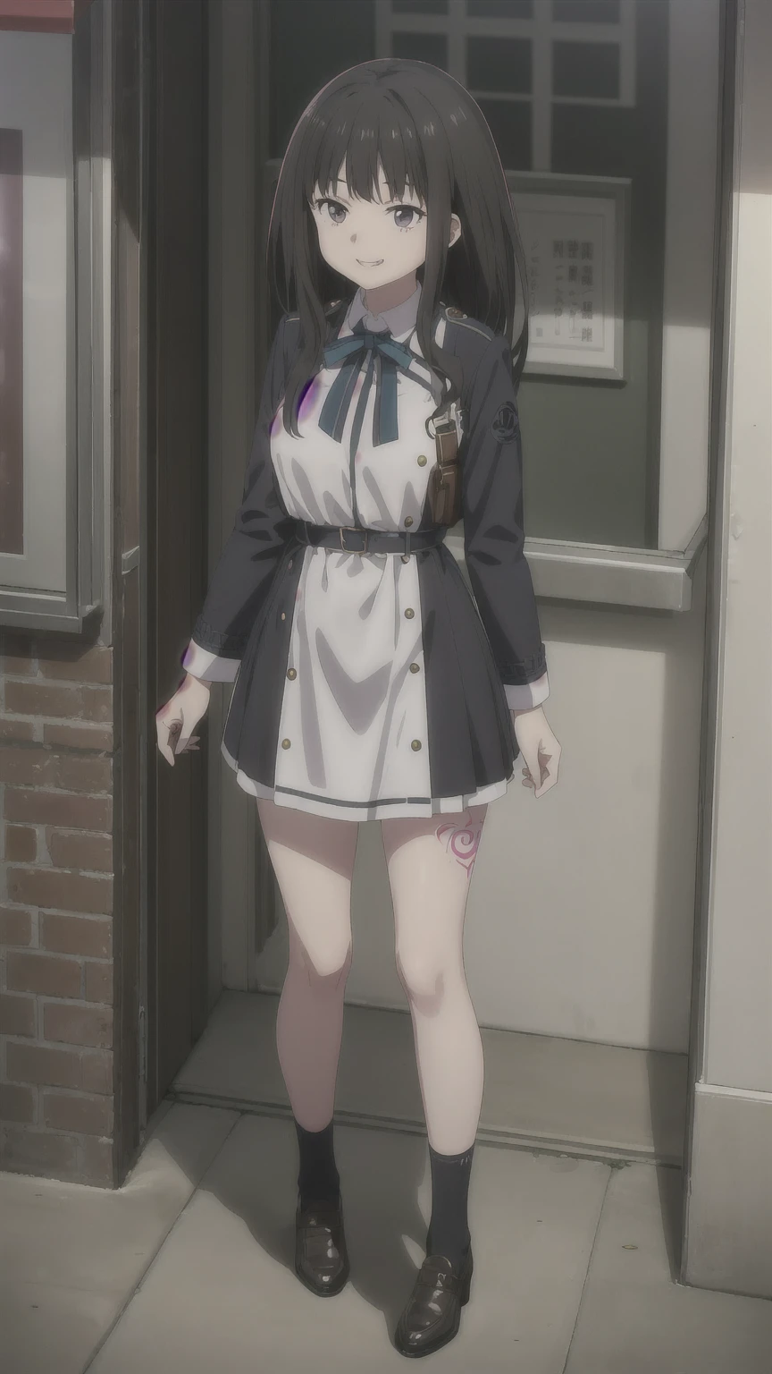 (((Pixel Perfect, Perfect in every detail))), alone, 1 personの女の子, Inoue Check, Licorice Uniform, View your viewers, Mouth closed, (((Pixel Perfect, Perfect in every detail))), alone, 女の子1 person, Chisato Nishikigi, Uniform sake, Looking at the audience, smile, Chisato, 1 personの女の子, alone, chest, Neck ribbon, Collared shirt, Uniform sake, Two-tone micro mini dress, Blue Dress, Long sleeve, Red Belt, (((1 personの女の子))),(((alone))),(((1 person))).loafers、Black socks、女の子1 person, whole body,（Looking up:1.4） alley, Contact us, Talk to your audience、Are Are standing、, 1 Girl}} Are standing,,{Show Viewer,, tattoo, High heels, Grin、smile, 軽いsmile, blush, saliva, tattoo、Highlight the face、bad woman、Are standing、Shaving, (下腹部のtattoo:1.5), (ハートのtattoo:1.5), (belly but ton: 1.1), 女の子1 person, whole body,（Looking up:1.4）choker、slave、 Big Breasts、chestの膨らみ，big、
