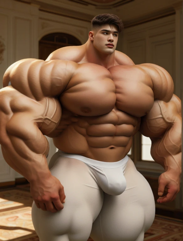 1boy, giant, model shoot style, illuminating light, strong body, bulk, large size, staring & praying, in the white interior room, nude, white triangular underwear, prominent bulge, big, brutalmass, giant, muscular body, bulk, massive body, large meaty body size