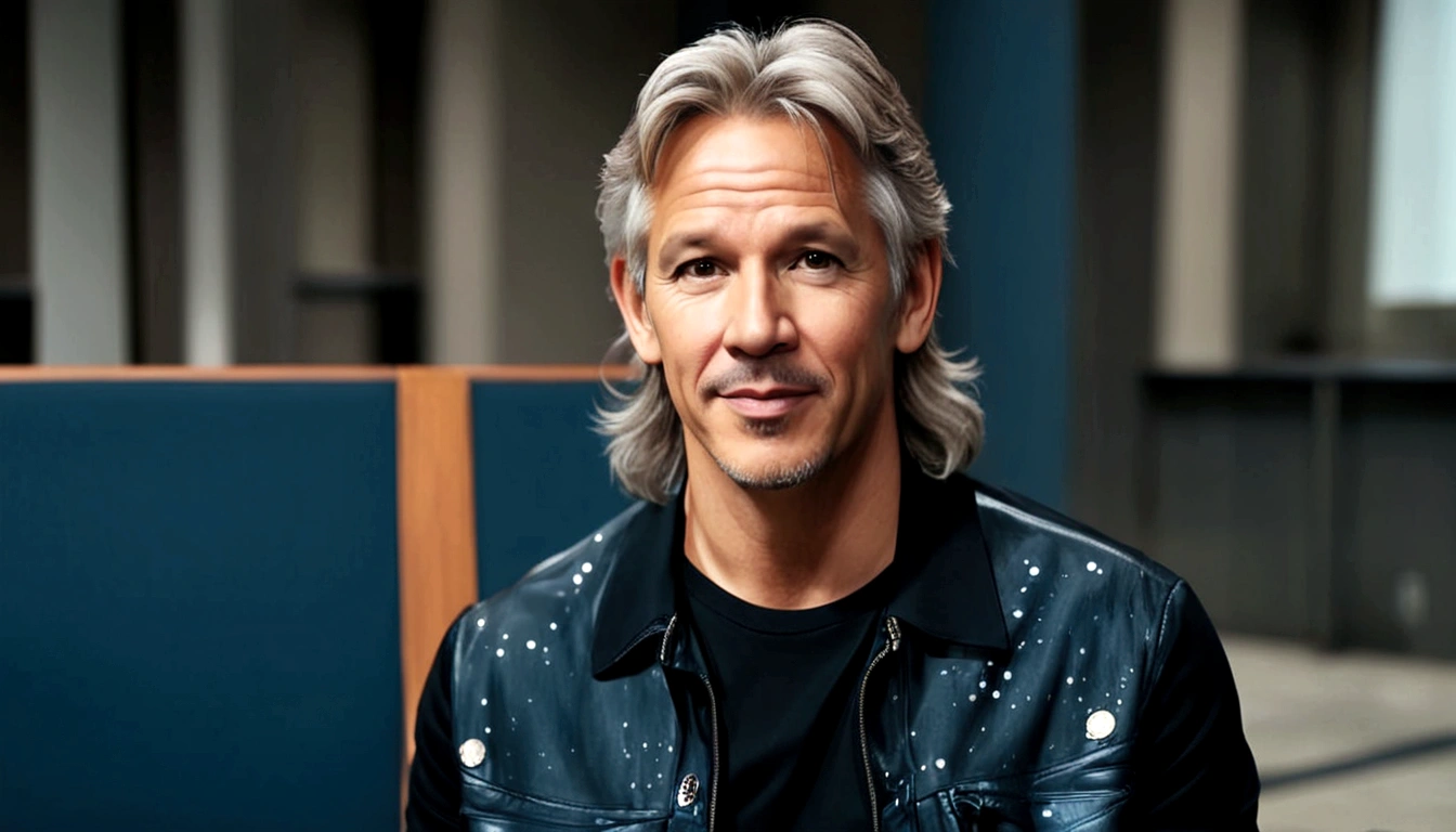 a man called lineker, 50 years old, he has a face similar to Jon Bom Jovi, he has light hair, brown eyes, black blouse, black pants, black sneakers, sitting on his sofa