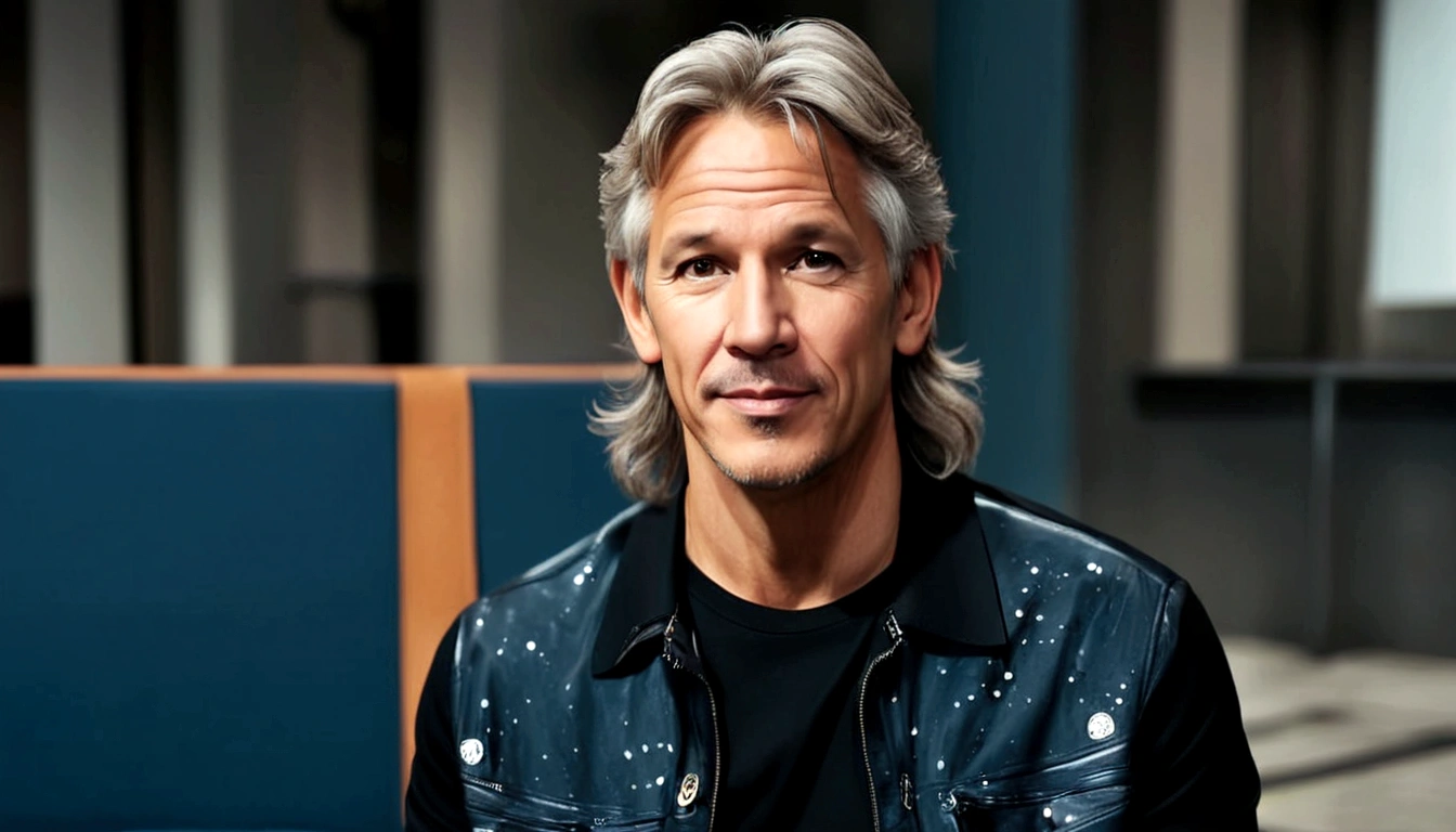 a man called lineker, 50 years old, he has a face similar to Jon Bom Jovi, he has light hair, brown eyes, black blouse, black pants, black sneakers, sitting on his sofa