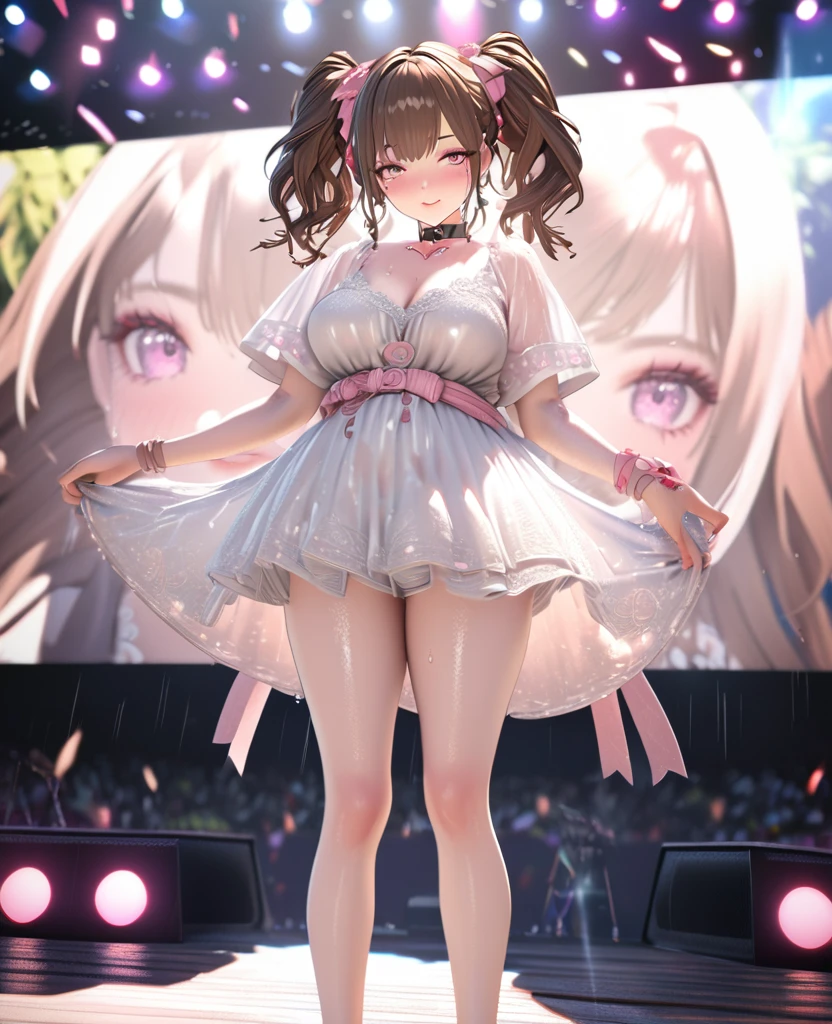 one girl, staring at the audience, beautiful pink eyes, brown hair in short twin tails, mole under eye, plump glossy lips, heart shaped choker, idol, her name is Mei, smiling, . . . 3D, realistic, idol's costume was drenched in heavy rain, her chest was wet and see-through, heavy rain at outdoor concert, draped clothes, jewelry and decorations removed, floral patterns, lace trim, glittering on stage, masterpiece, best quality, 8k, detailed skin texture, detailed fabric texture, beautifully detailed face, intricate details, highly detailed, ultra high resolution, 8k Ultra HD, film grain, best shadows, delicate, staring at the audience, front