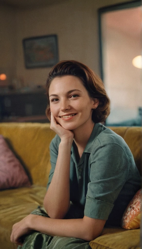 An analog photo of a woman with translucent Hgrande colors, leisurely lounging on a sofa adorned with plush pillows, 1960s kitchen with retro style at the background, 1963 50mm vintage beautiful photo, morning light, Kodak Camera, soft focus, hq, warm light, muted colors, cozy, atmospheric, sinister, High fidelity. 8k, hq, render, Hyperrealism, cinestill distance light i no people happy mood, johansson, looking at the experience, Moodyon Film grain, lens flare, Leica M9, f/1.2, 1/30, ISO 200, 1/250s, f/8, symmetrical balance, in-frame, elegant, highly detailed, subtle smiling, sharp focus, art adamss of colours