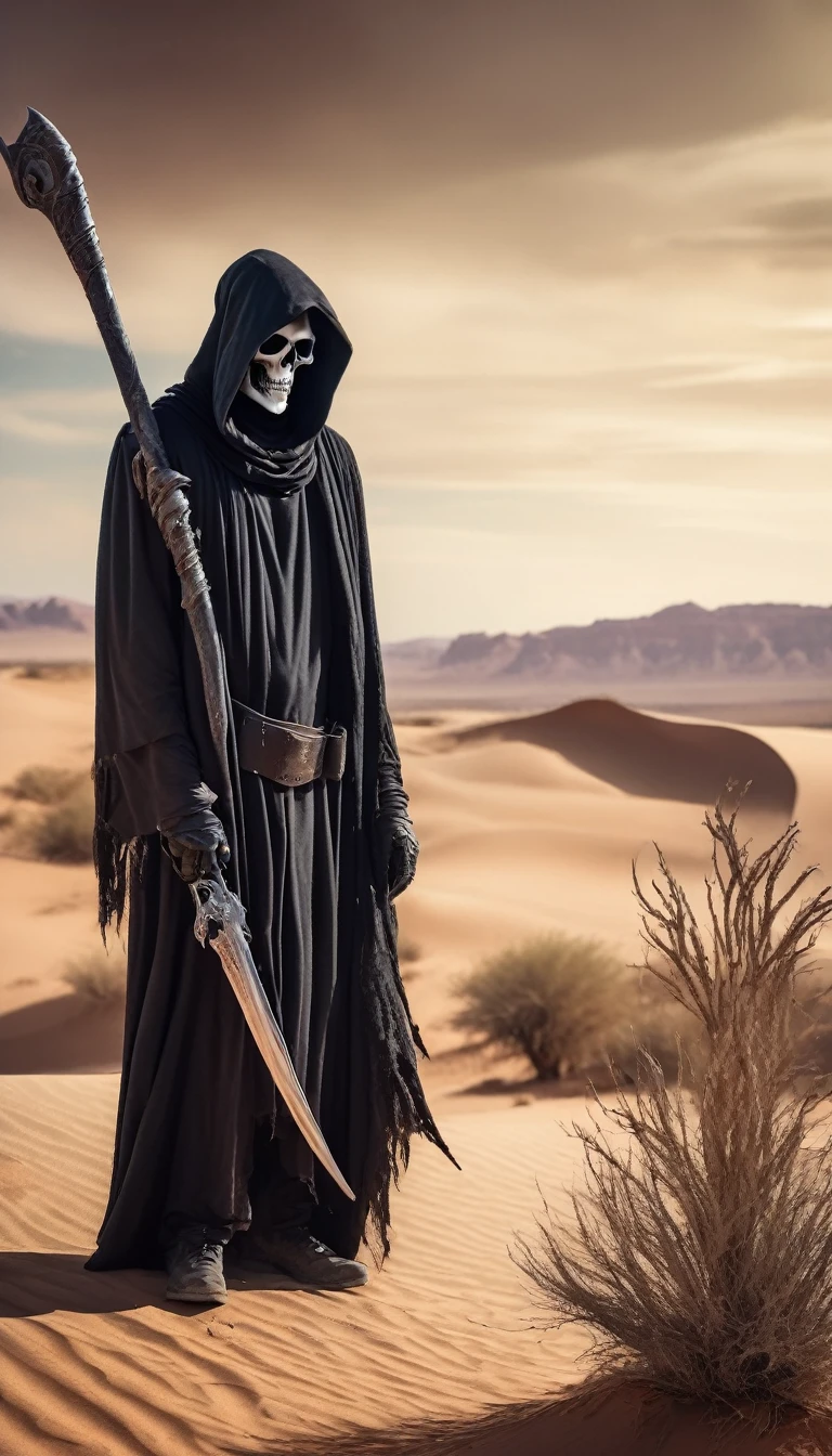(Realistic: 1.4), analog photo style, depth of field, vivid colors, fragile, vulnerable, male grim reaper, sad and worried expression, looking away, professional photo set in post-apocalyptic style, intricate desert landscape background and incredibly detailed, (((masterpiece))), superior quality, 8K, ultra-high resolution, high contrast, low saturation