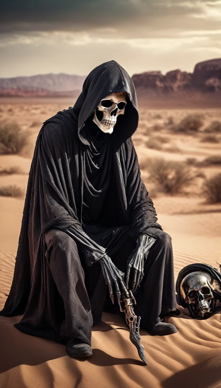 (Realistic: 1.4), analog photo style, depth of field, vivid colors, fragile, vulnerable, male grim reaper, sad and worried expression, looking away, professional photo set in post-apocalyptic style, intricate desert landscape background and incredibly detailed, (((masterpiece))), superior quality, 8K, ultra-high resolution, high contrast, low saturation