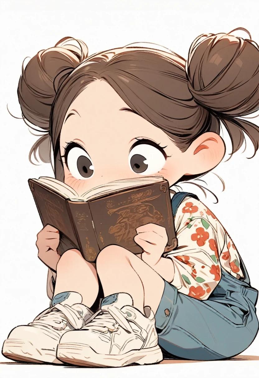 (masterpiece, best quality:1.2), cartoonish character design。Pure white background,1 girl reading a book, alone,big eyes,cute expression,Two hair buns,Floral shirt,Overalls,White sneakers,stand,interesting,interesting,clean lines,The pattern only occupies the lower half of the image