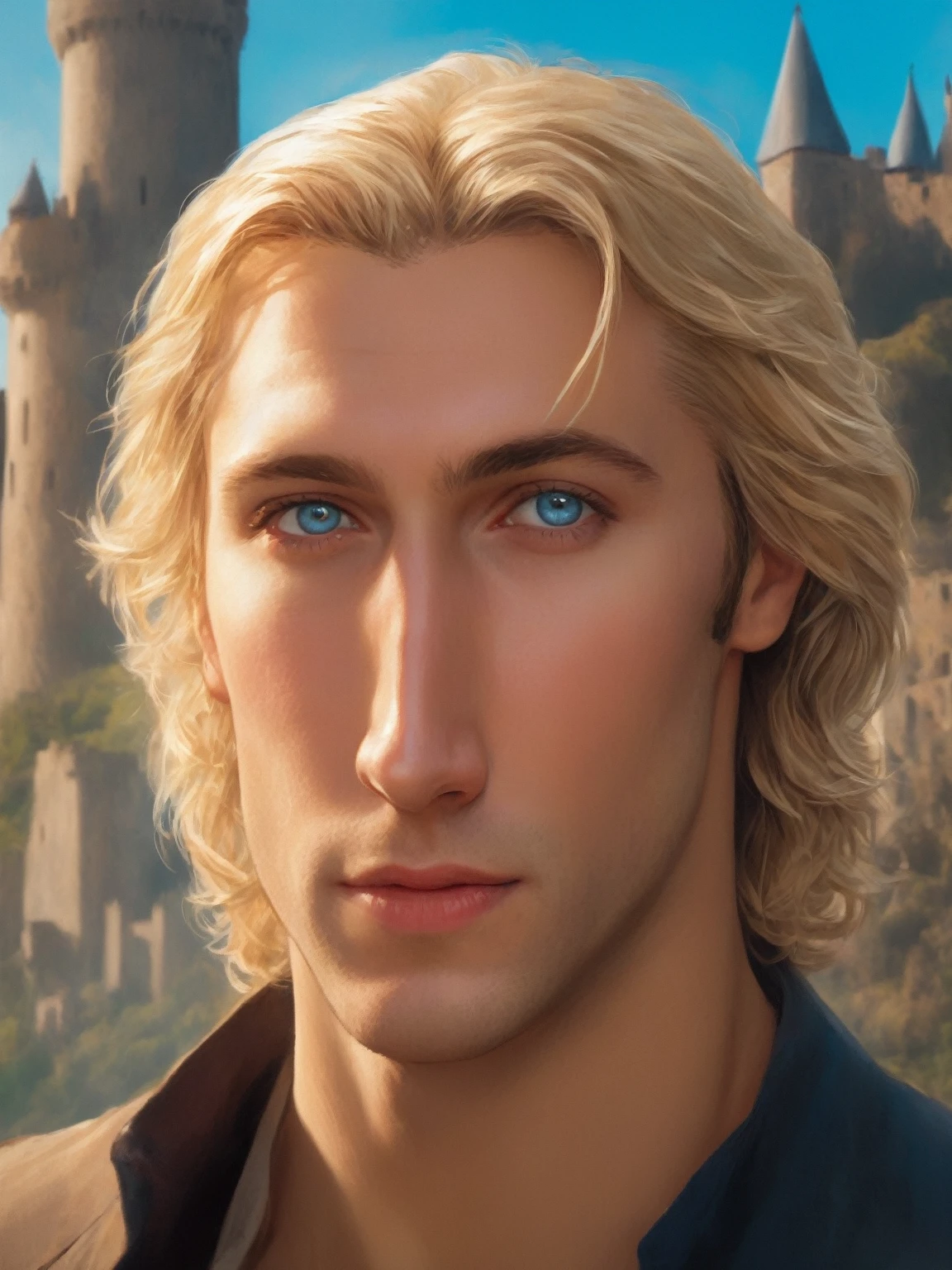 ((best quality),(masterpiece),(detailed),perfect face,a man with blond hair and blue eyes, castle behind,beautiful,(cinematic),(dramatic lighting),(digital painting),(photorealistic),(ultra-realistic),(hyper detailed),(epic),(fantasy),(cinematic composition),(heroic pose),(dramatic), (perfect eyes)