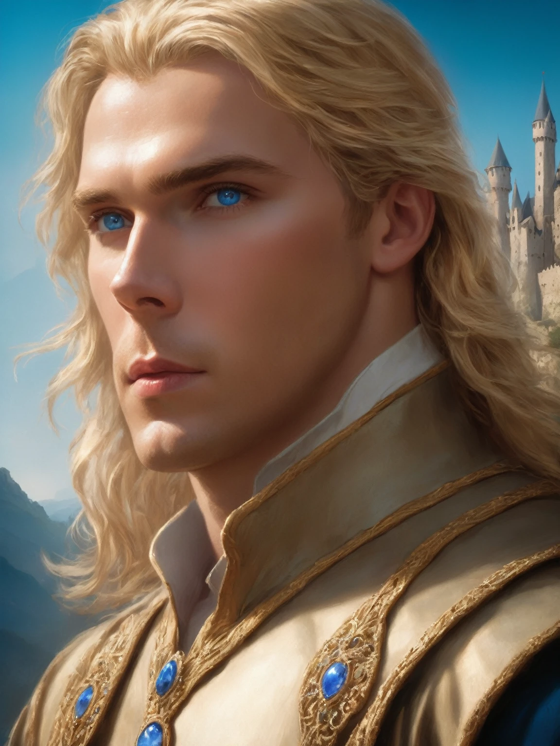 ((best quality),(masterpiece),(detailed),perfect face,a man with blond hair and blue eyes, castle behind,beautiful,(cinematic),(dramatic lighting),(digital painting),(photorealistic),(ultra-realistic),(hyper detailed),(epic),(fantasy),(cinematic composition),(heroic pose),(dramatic), (perfect eyes)
