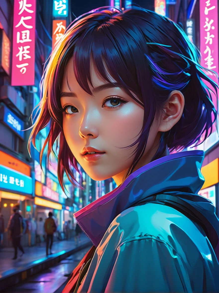 Colorful profile picture of a female character in an anime style. It has distinct characteristics from the anime Oshi no Ko. The scene takes place in a futuristic city with neon lights. The environment is exciting and adventurous. The camera settings are a digital camera with a low ISO setting. The lens is a zoom lens with a medium aperture. The character design is inspired by Japanese illustrator and animator, Akiko Stehrenberger, and photographed by Makoto Shinkai, the director of Your Name