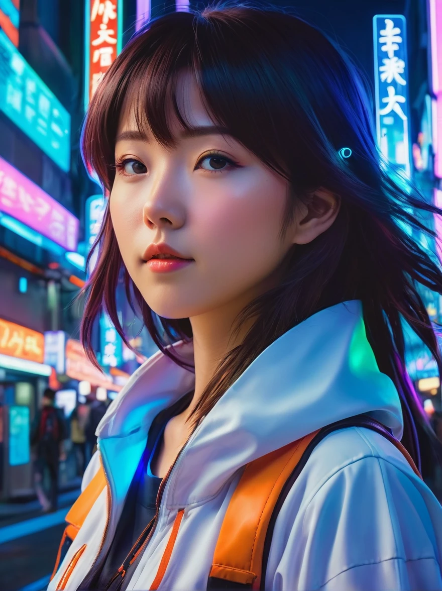 Colorful profile picture of a female character in an anime style. It has distinct characteristics from the anime Oshi no Ko. The scene takes place in a futuristic city with neon lights. The environment is exciting and adventurous. The camera settings are a digital camera with a low ISO setting. The lens is a zoom lens with a medium aperture. The character design is inspired by Japanese illustrator and animator, Akiko Stehrenberger, and photographed by Makoto Shinkai, the director of Your Name