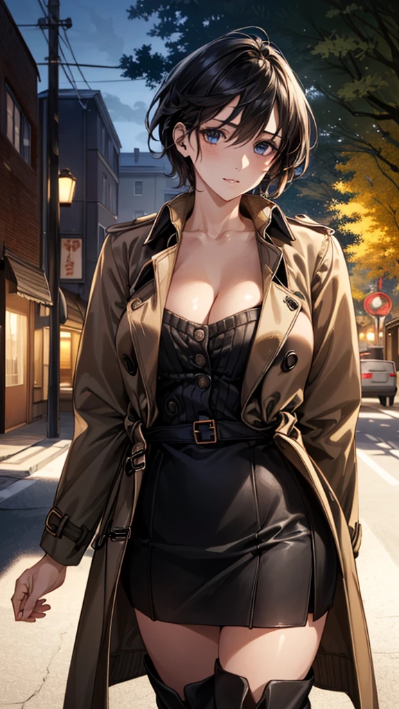(masterpiece:1.3, Highest quality), (Realistic, photoRealistic:1.4), Beautiful illustrations, (Natural Side Lighting, Cinema Lighting), Browsing Caution, View your viewers, (Face Focus, Upper Body), 1 Girl, Japanese, Beauty、30 years old, Perfect Face, (Perfect Anatomy:1.4), Cute and symmetrical face, Shiny skin, (short hair:1.2, Straight hair:1.2, Black Hair), Hair between the eyes, blue eyes, Big eyes, Long eyelashes, (Large Breasts), thin, Beautiful Hair, Beautiful Face, Beautiful attention to detail, Beautiful clavicle, Beautiful body, Beautiful breasts, Beautiful thighs, Beautiful feet, Beautiful Hands, (trench coat, sweater:1.4, Black Skirt :1.4, Brown long boots:1.4), thin体, (Beautiful views), winter, evening, (street tree, Urban area, it's snowing), walking, (Cute smile:1.4, Upward glance, Part your lips),