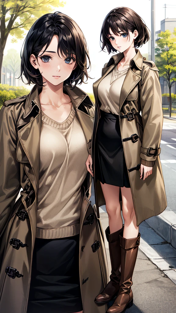 (masterpiece:1.3, Highest quality), (Realistic, photoRealistic:1.4), Beautiful illustrations, (Natural Side Lighting, Cinema Lighting), Browsing Caution, View your viewers, (Face Focus, Upper Body), 1 Girl, Japanese, Beauty、30 years old, Perfect Face, (Perfect Anatomy:1.4), Cute and symmetrical face, Shiny skin, (short hair:1.2, Straight hair:1.2, Black Hair), Hair between the eyes, blue eyes, Big eyes, Long eyelashes, (Large Breasts), thin, Beautiful Hair, Beautiful Face, Beautiful attention to detail, Beautiful clavicle, Beautiful body, Beautiful breasts, Beautiful thighs, Beautiful feet, Beautiful Hands, (trench coat, sweater:1.4, Black Skirt :1.4, Brown long boots:1.4), thin体, (Beautiful views), winter, evening, (street tree, Urban area, it's snowing), walking, (Cute smile:1.4, Upward glance, Part your lips),