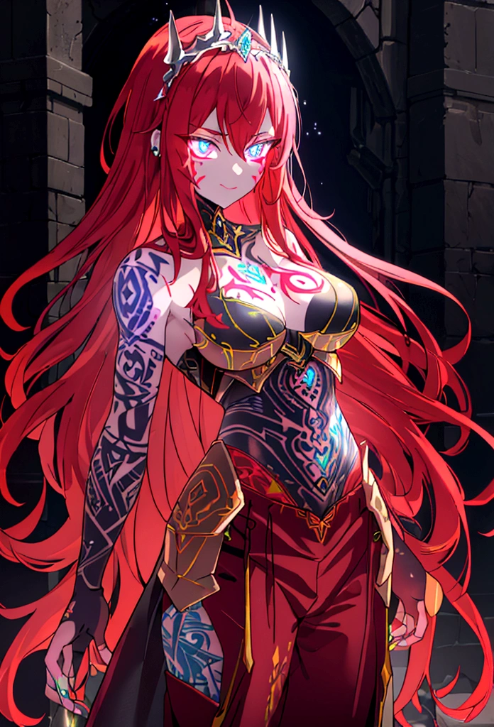 4K high resolution, one female, (((Glowing Tattoos))), long red hair, medieval princess dress and pants, armor, tiara
