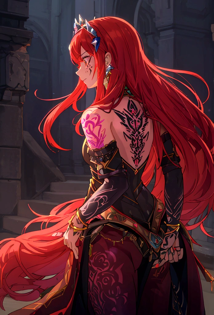 4K high resolution, one female, (((Glowing Tattoos))), long red hair, medieval princess dress and pants, armor, tiara