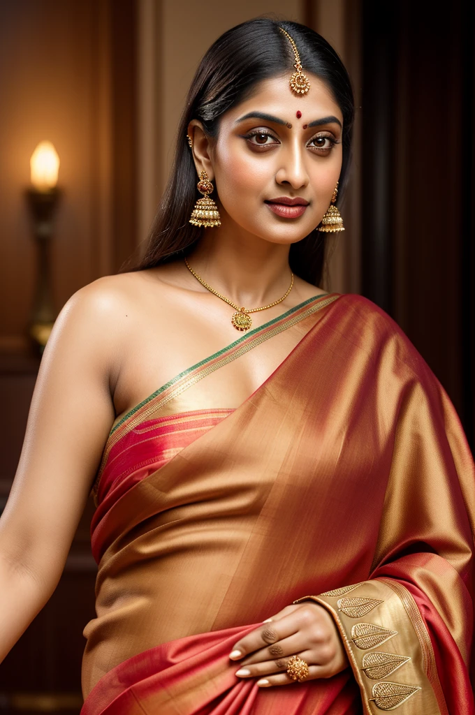 Beautiful painting of a woman in a sari with a necklace and earrings, looks like Sandeepa Dhar, inspired by Raja Ravi Varma, szukalski ravi varma, portrait of a beautiful goddess, by Raja Ravi Varma, indian goddess, traditional beauty, a stunning portrait of a goddess, inspired by T. K. Padmini, indian art, indian goddess of wealth, portrait of a goddess, bulky figure, fleshy woman, skin pores, thick figure, attractive beauty, stunning beauty,