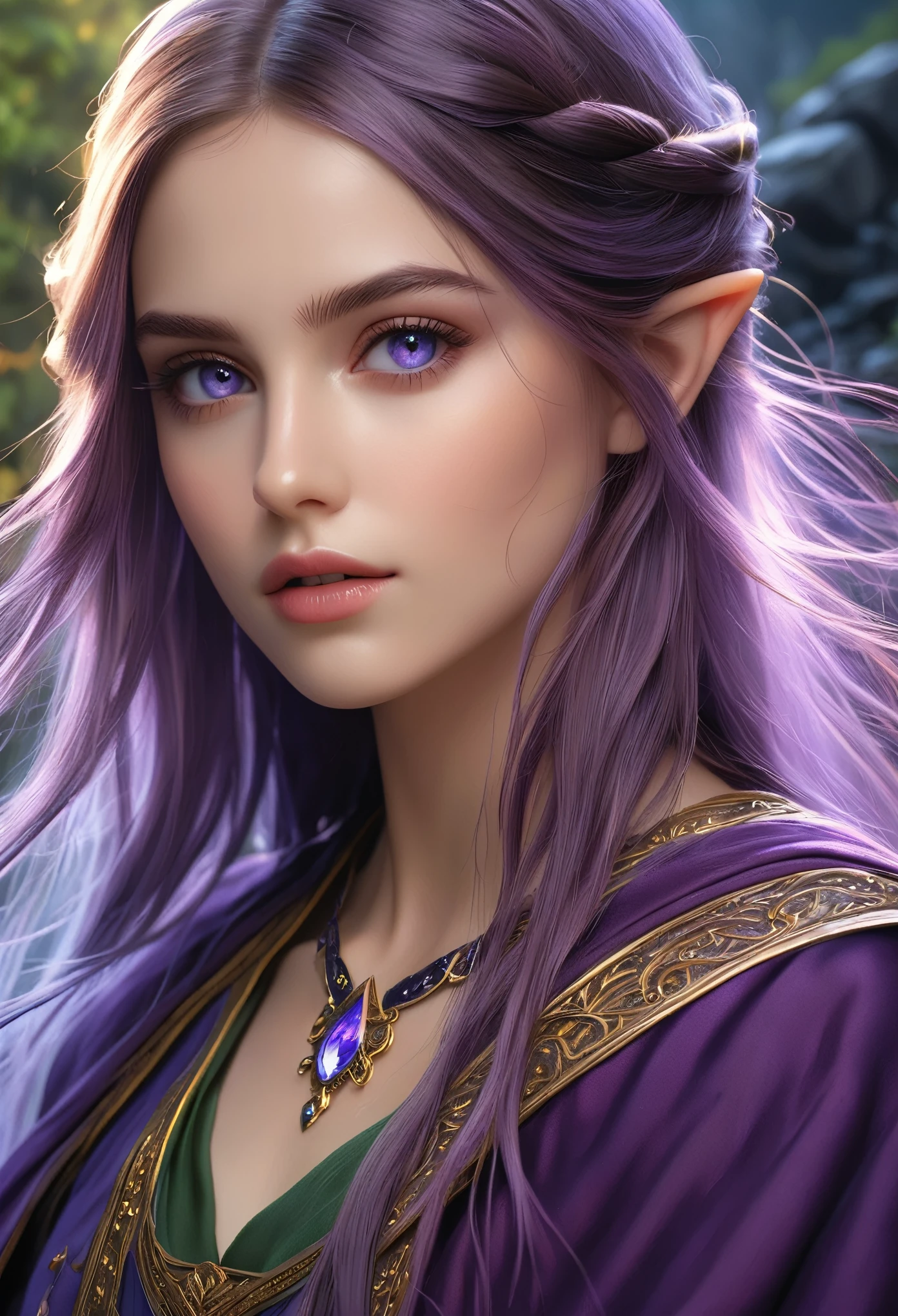 (best quality,4k,8k,highres,masterpiece:1.2),ultra-detailed,(realistic,photorealistic,photo-realistic:1.37), a beautiful young female elf mage with long flowing hair, elegant robes, and a mystical aura, intricate magical effects, glowing magical energy, detailed fantasy landscape with towering mountains, lush forests, and magical ruins, cinematic lighting, dramatic camera angles, (best quality,4k,8k,highres,masterpiece:1.2),ultra-detailed,(realistic,photorealistic,photo-realistic:1.37),fantasy,magic,highly detailed magical girl,beautiful detailed eyes,beautiful detailed lips,extremely detailed eyes and face,longeyelashes,dramatic lighting,cinematic composition,dynamic pose,stunning colors,digital painting, beautiful purple eyes, long eyelashes