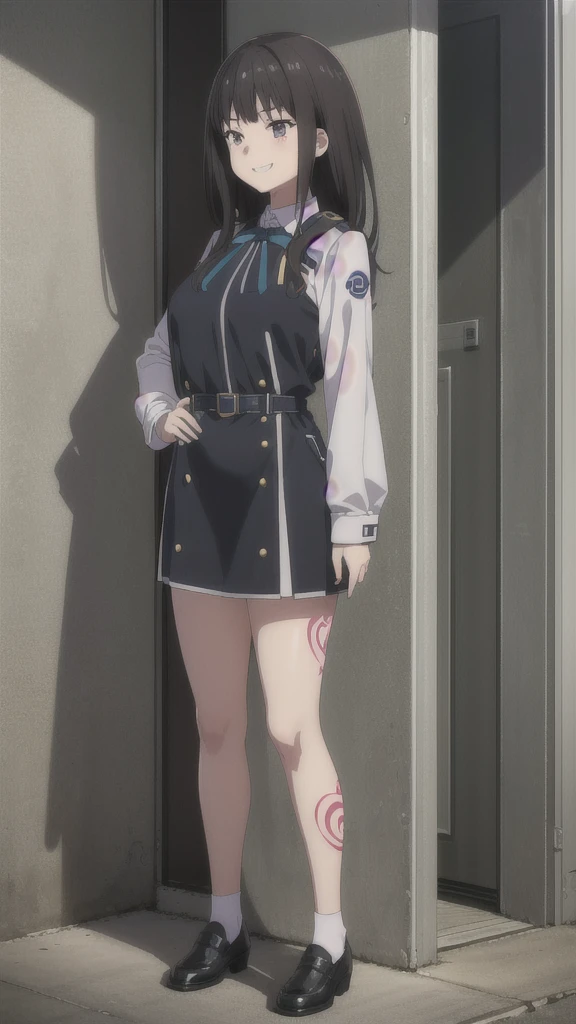 (((Pixel Perfect, Perfect in every detail))), alone, 1 personの女の子, Inoue Check, Licorice Uniform, View your viewers, Mouth closed, (((Pixel Perfect, Perfect in every detail))), alone, 1 person, Chisato Nishikigi, Uniform sake, Looking at the audience, smile, Chisato, 1 personの女の子, alone, chest, Neck ribbon, Collared shirt, Uniform sake, Two-tone micro mini dress, Blue Dress, Long sleeve, Red Belt, (((1 personの女の子))),(((alone))),(((1 person))).loafers、Black socks、女の子erson, whole body,（Looking up:1.4） alley, Contact us, Talk to your audience、Are Are standing、, 1 Girl}} Are standing,,{Show Viewer,, tattoo, High heels, Grin、smile, 軽いsmile, blush, saliva, tattoo、Highlight the face、bad woman、Are standing、Shaving, (下腹部のtattoo:1.5), (ハートのtattoo:1.5), (belly but ton: 1.1), 女の子1 pon, whole body,（Looking up:1.4）choker、slave、 Big Breasts、chestの膨らみ，big、