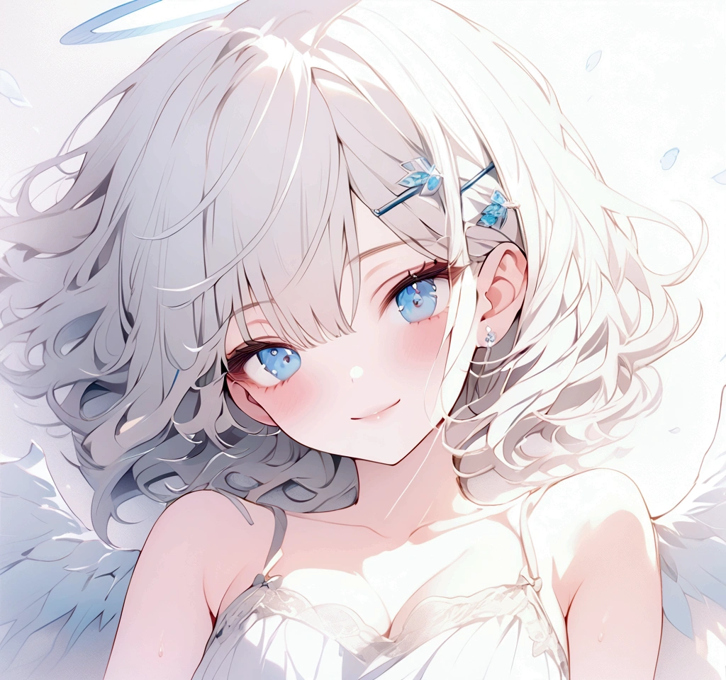 beautiful, masterpiece, Highest quality, anime, One girl, C Cup,Portrait Shot, View your viewers, Intricate details,>,((Covered、Short Hair、nearby、Blue Eyes、art、、White hair,Blue streaked hair、wallpaper、、white_gloves、hairpin、smile、Angel、Thighs、Halo、Wolf Hair、camisole、Nipples、lotion、Lying on your back