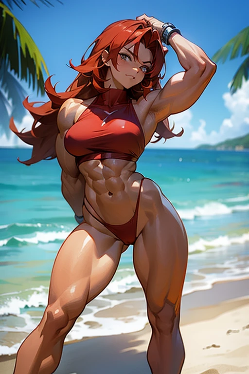 18 year old Anime redhead muscle mommy in a red thong bikini flexing her muscles with her hand behind her head so they are not seen to show off her abs on a white sanded beach, highly detailed
