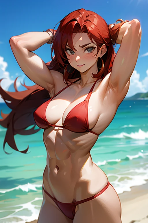 18 year old Anime redhead muscle mommy in a red thong bikini flexing her muscles with her hand behind her head so they are not seen to show off her abs on a white sanded beach, highly detailed