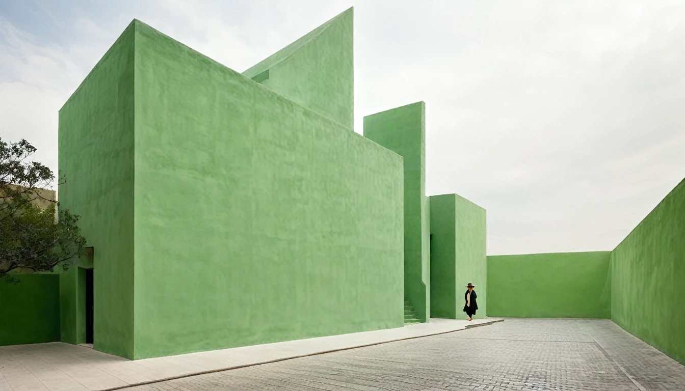 Influential Mexican architect Luis Barragán showing the world the expressive power of walls, the painterly qualities of water, and the resonance of minimalist architectural forms with people's steps., sophisticated muted-green color scheme