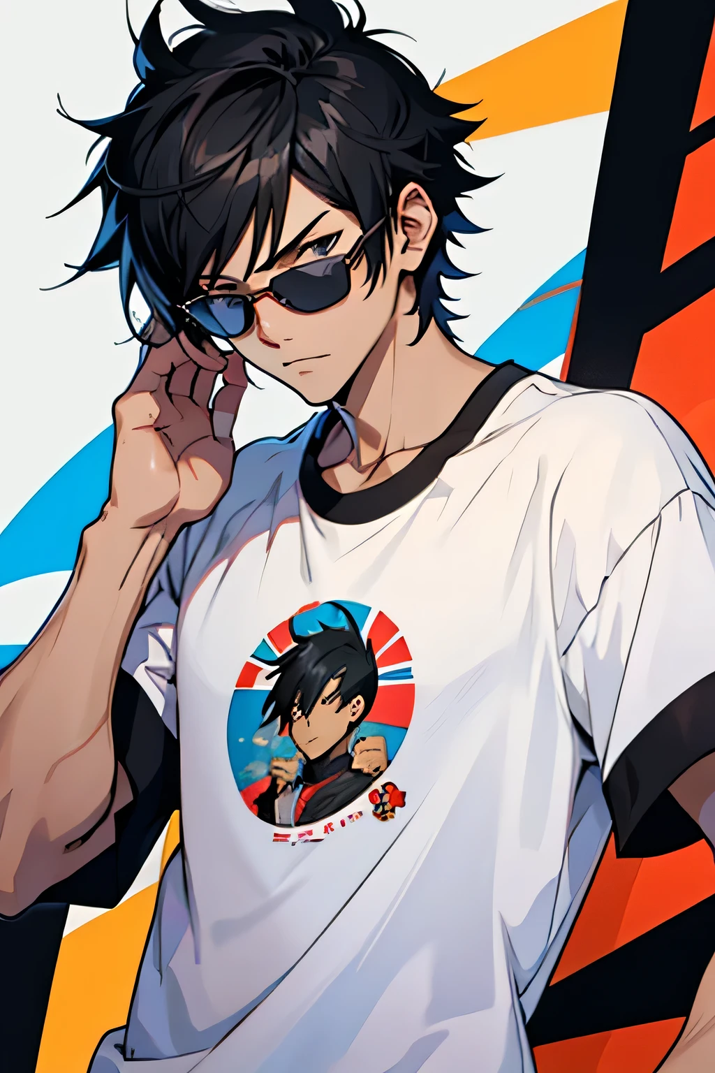 anime ager style,black hair, young anime man, t-shirt, wearing sunglass, poker face,
