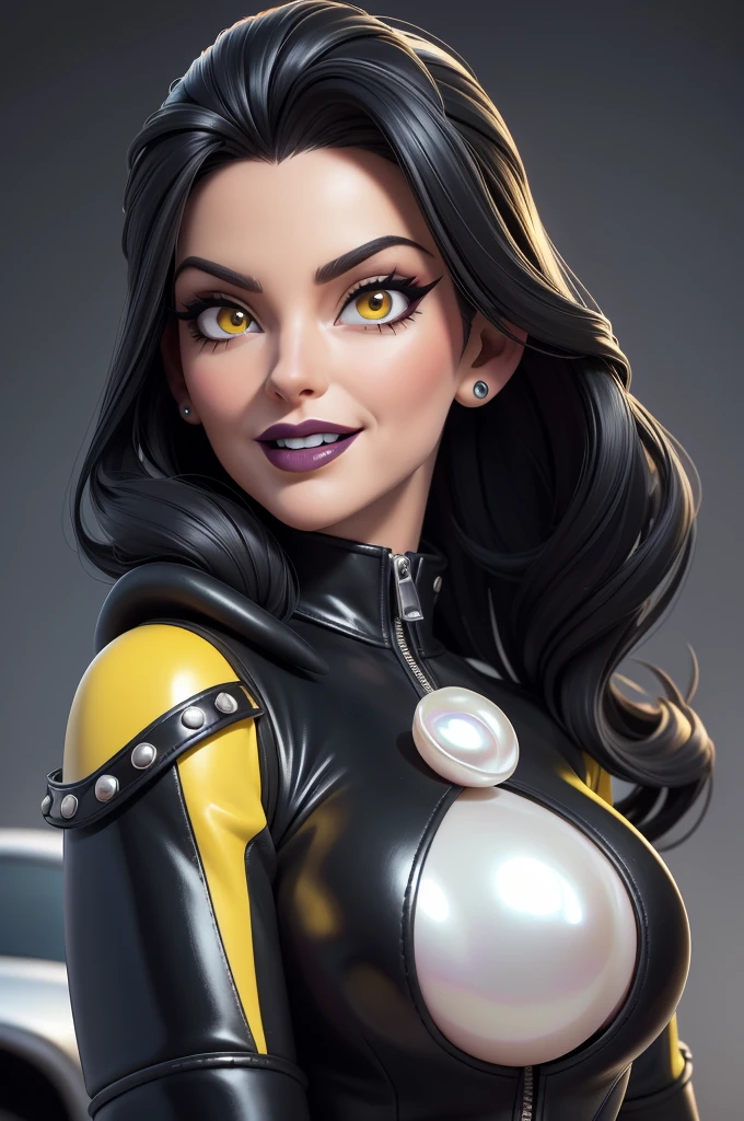 obra prima, melhor qualidade, (emma peel vamp 70yo face wrinkles) head back, sassy wicked girl, big toothy smile, open mouth, ((shiny pearl white lipstick,)) thick smoky black eye shadow, long fake eyelashes, raven black mullet hair, ((totally yellow leather spy girl suit,)) with studs zippers snaps, shiny leather gloves, body is skinny, laying down on hood of sports car, dazzle pose, pinup pose, exaggerated selfie pose, camera view of whole body, looking up at me, shallow depth of field, highres, HD, 8k, anatomically correct