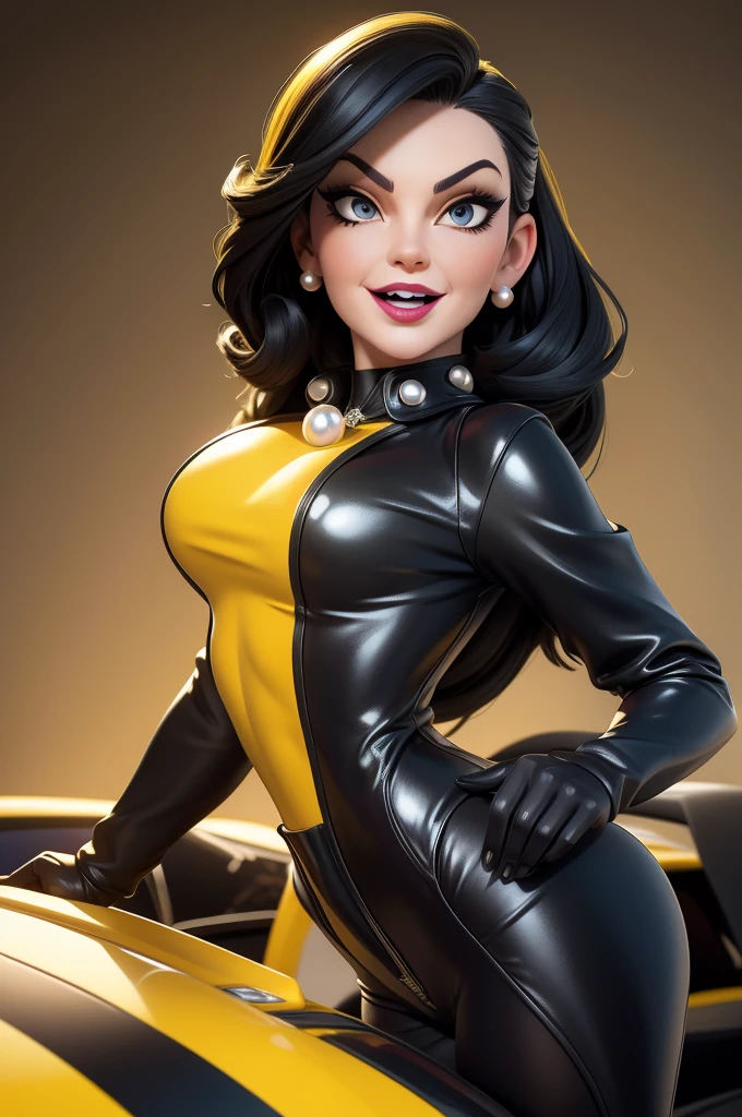obra prima, melhor qualidade, (emma peel vamp 70yo face wrinkles) head back, sassy wicked girl, big toothy smile, open mouth, ((shiny pearl white lipstick,)) thick smoky black eye shadow, long fake eyelashes, raven black mullet hair, ((totally yellow leather spy girl suit,)) with studs zippers snaps, shiny leather gloves, body is skinny, laying down on hood of sports car, dazzle pose, pinup pose, exaggerated selfie pose, camera view of whole body, looking up at me, shallow depth of field, highres, HD, 8k, anatomically correct