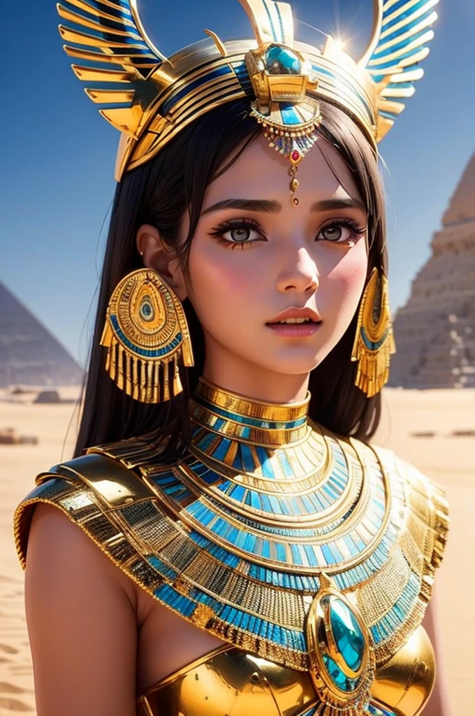 best quality, 8k, very delicate and beautiful, highly detailed face and skin texture, shiny skin, high resolution, beautiful girl in egyptian style costume stand in desert, sharp focus