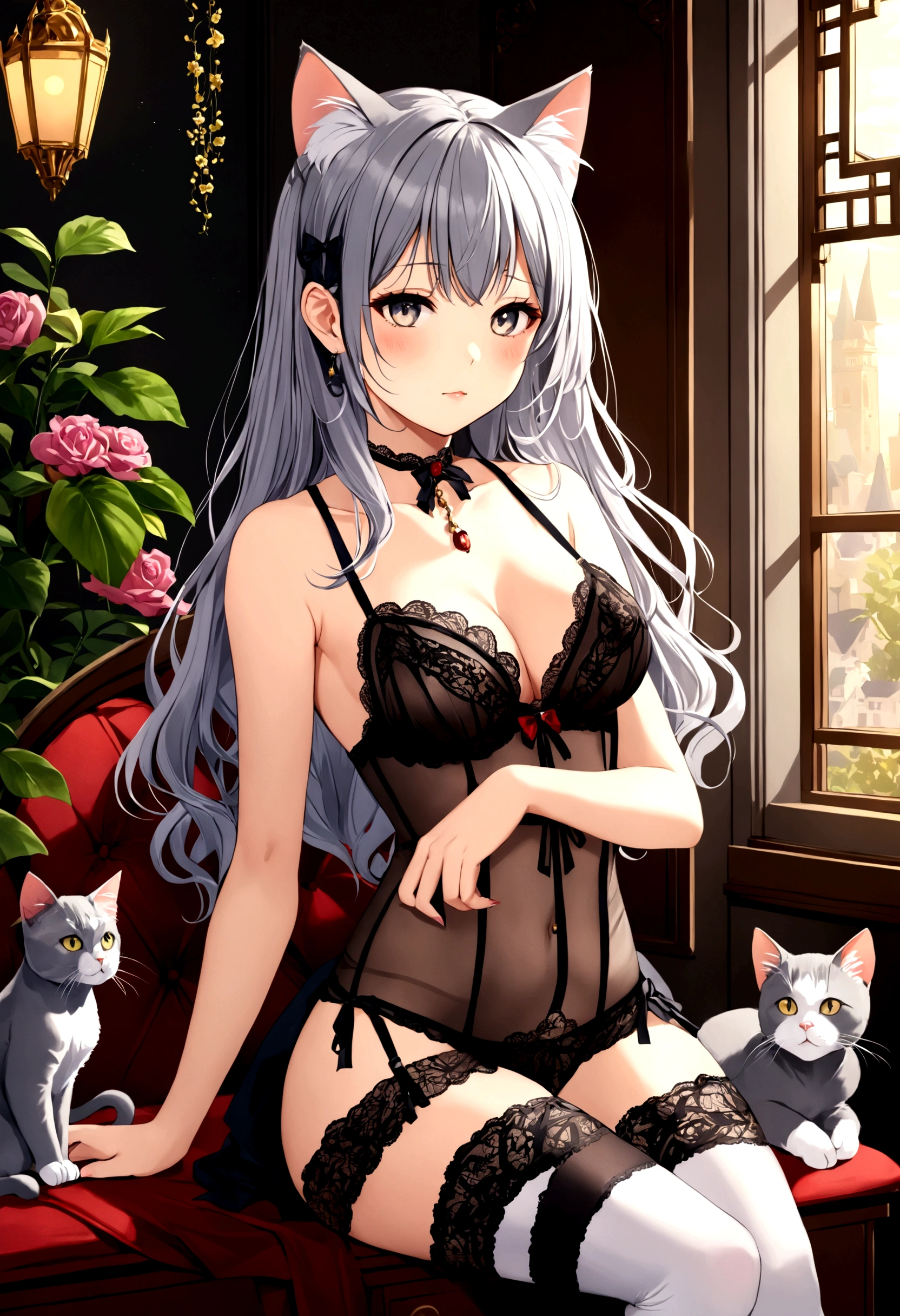 1girl, grey hair,ear cat,lingerie,stocking