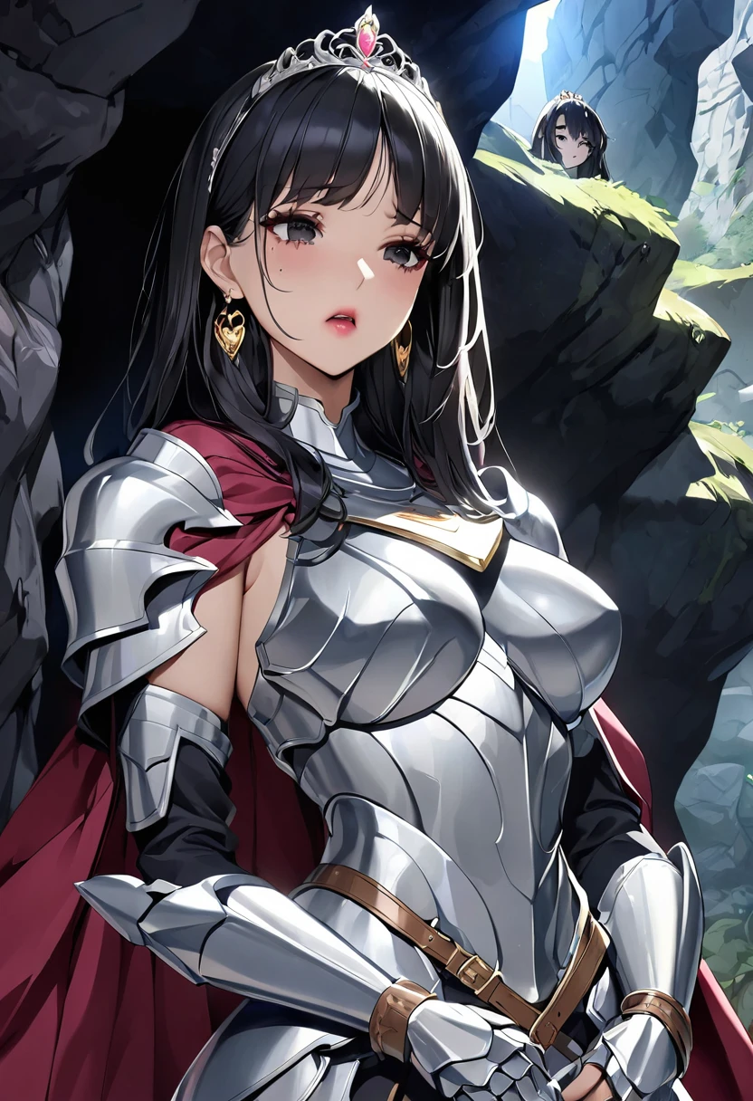 Browsing Caution, masterpiece、Highest quality、Ultra-high resolution、Maximum resolution、Very detailed、Professional Lighting、anime、Adult female、thin、so beautiful、Beautiful Face、Scared、Dress in Armor、Blue full plate armor、Shiny Armor、White decoration、Gorgeous Tiara、Gold earrings、Black Hair、black eye、Pink Lips、belt、Cape、cave
