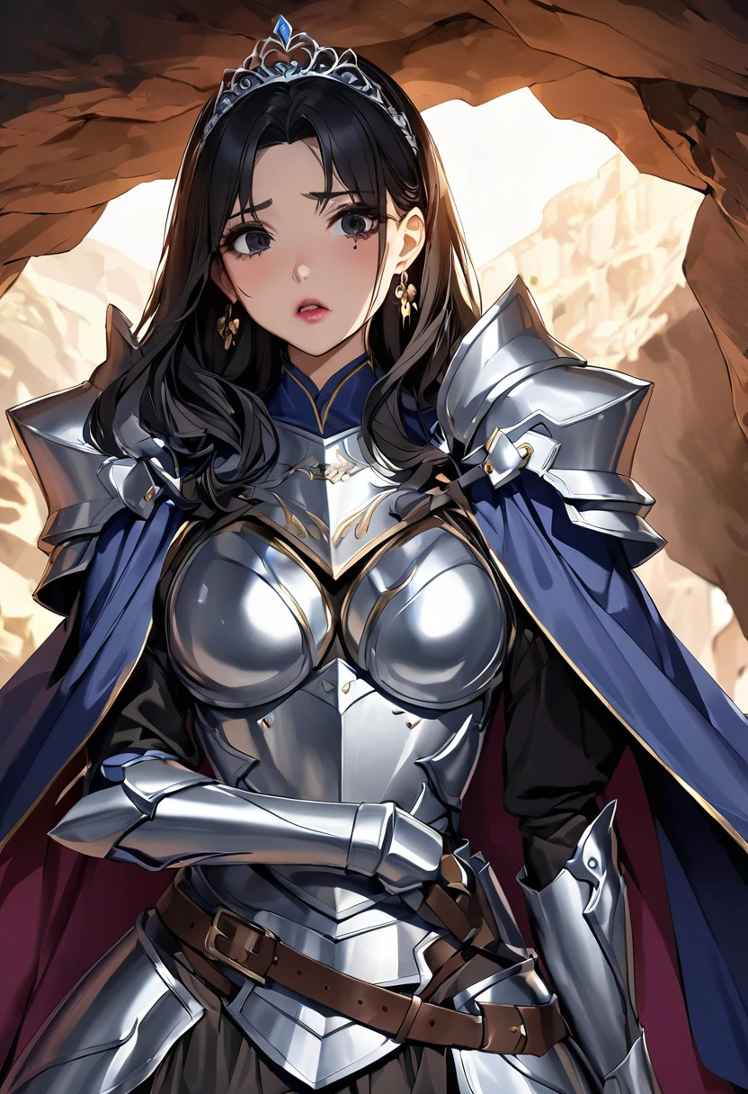 Browsing Caution, masterpiece、Highest quality、Ultra-high resolution、Maximum resolution、Very detailed、Professional Lighting、anime、Adult female、thin、so beautiful、Beautiful Face、Scared、Dress in Armor、Blue full plate armor、Shiny Armor、White decoration、Gorgeous Tiara、Gold earrings、Black Hair、black eye、Pink Lips、belt、Cape、cave
