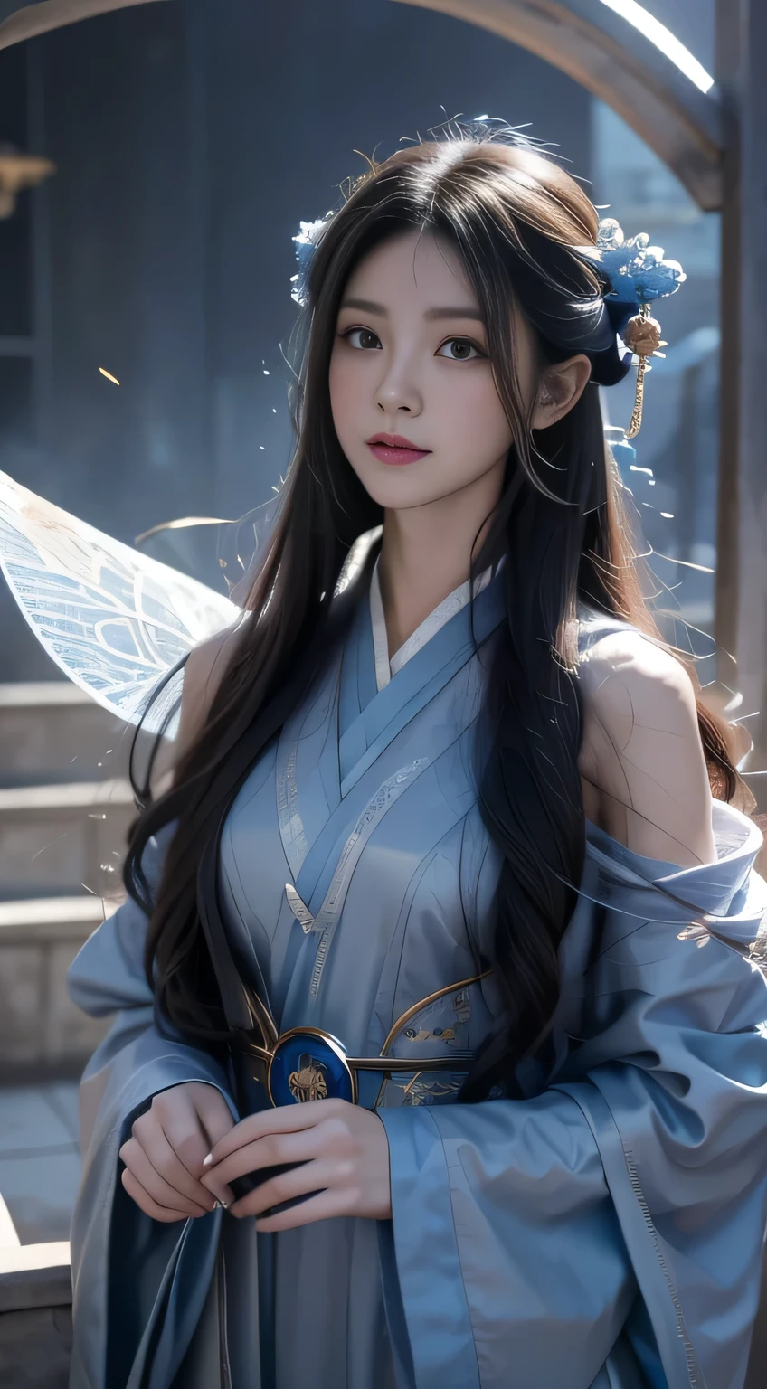 Black Hair, Hair shaking, victory, Long eyelashes, Solid round eye, A faint smile, Red ears, direction, Surrealism, shadow, comfort, Stereogram, Standing picture, view, Atmospheric perspective, 8K, Super Detail, precise, best quality,A lady in a blue dress sits on the stairs, Beautiful fantasy queen, Full body fairy, Flowing Magic Robe, Inspired by Lan Ying, Anime Goddess, palace , Girl wearing Hanfu, Beautiful celestial magician, xianxia fantasy, ((Beautiful fantasy queen)), Japanese Goddess, Popular on CGSTATION, cotton cloud mage robes