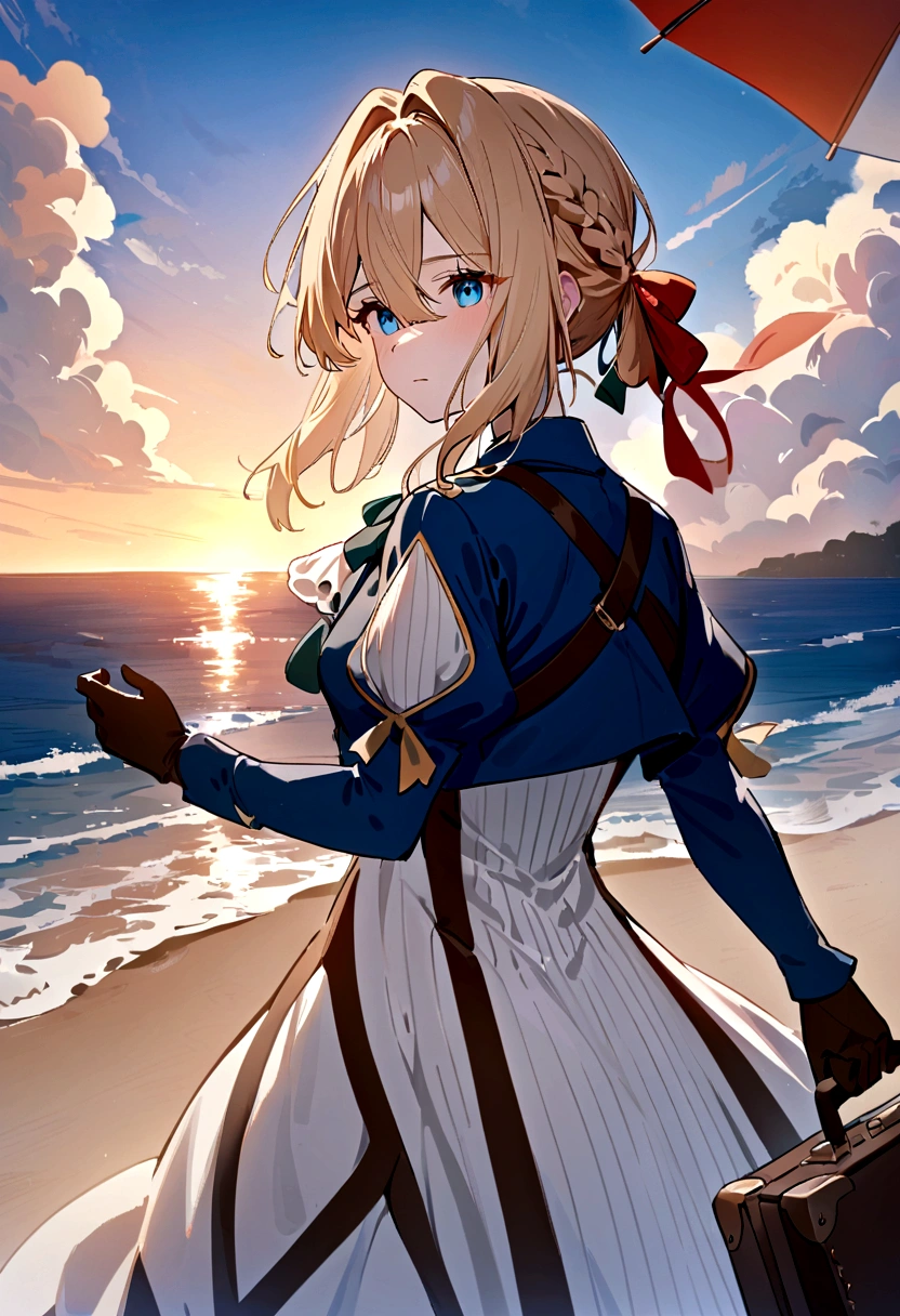 masterpiece, best quality, very aesthetic, absurdres,newest,1girl, (solo):2,violet evergarden, violet evergarden \(series\),long hair, blue eyes, multiple girls, blonde hair, brown hair, gloves, long sleeves, dress, ribbon, holding, hair between eyes, jacket, hair ribbon, braid, outdoors, sky, day, cloud, bag, red ribbon,sunset:2 ,orange sky, ocean, umbrella, beach, blue jacket, brown gloves, parasol, suitcase, briefcase, violet evergarden