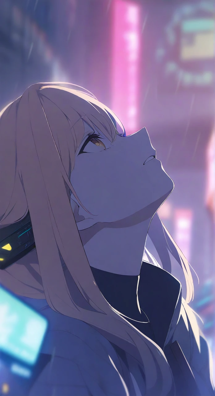 1girl,solo,look sky,cyberpunk background,rain,depth of field,blurry,close up,looking up