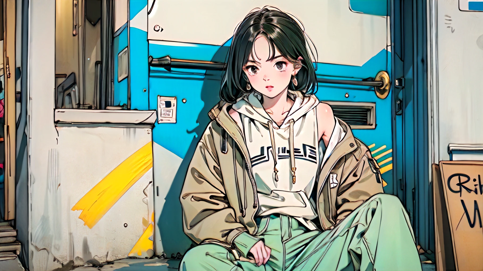 A beautiful woman, detailed eyes, Messy dark hair, during, He is wearing a pink t-shirt with a cute design., a jacket, some shorts, a cap, airport, carrying a suitcase, front view, blush, posing, perfect hands, good anatomy, curvy