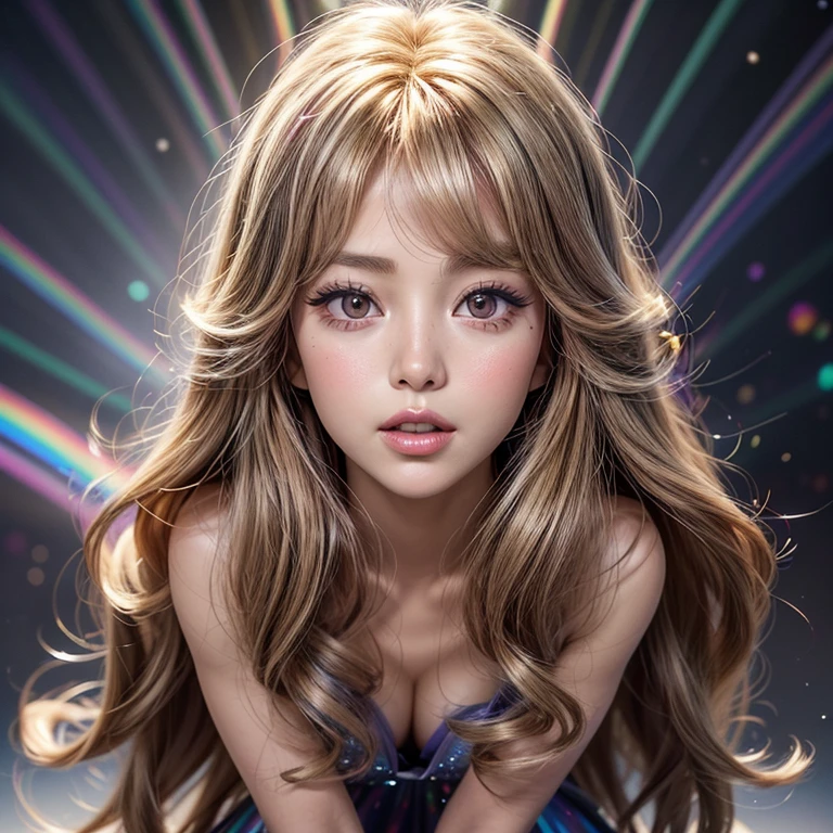 NSFW, 8k, High-level, absurd, masterpiece, best quality, primitive, very detailed CG, very detailed wallpaper, perfect lighting, Extremely detailed ((( personifying " Farrah Fawcett Majors " as a  Girl))), MysticSight, Tyndall effect, Tyndall scattering, (Studio gray background with (Overflowing oodles Dazzling RainbowColorParticles (BokeH))), (RoundlyButts, ThighGap), (Exposed:0.4), (Assfocus with looking ahead) BREAK  (Acutance:0.88), (NOGIZAKA face variations) Extremely Detailed very KAWAII face variations, perfect anatomy, Childish, CaptivatingGaze ElaboratePupils detailed Eyes with (sparkling highlights:1.28), (Voluminous LongEyelashes、GlossyRED Lips with beautiful details, RosyCheeks, Radiant PearlSkin with Transparency . { (Dynamic LifeLike expressions:1.4) | :d) }, (large eyes:-1) .