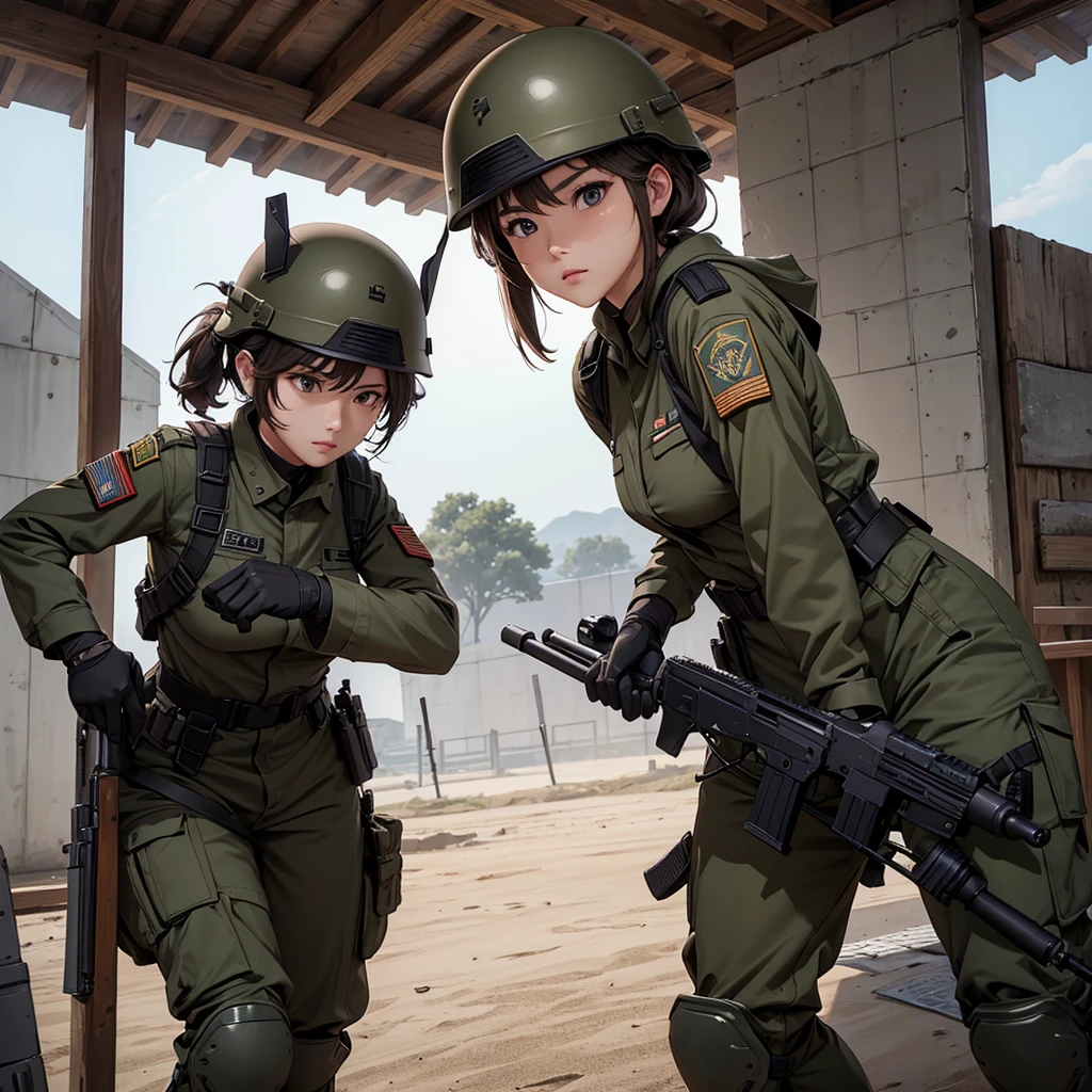 First-person perspective、Three female soldiers in helmets、Wearing dark brown military uniform、Individual equipment set、Fight with guns、See the crotch、Military base、Write details、masterpiece、best quality、Highly detailed CG、8K picture quality