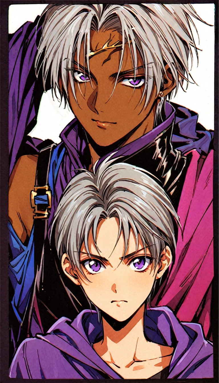 ((Highest quality)), ((masterpiece)), (((White Background))),male,(20th Generation),(Fantasy Costume),(youth),Character portrait,Gray Hair,((Front view)),(Character details),Purple Eyes,Brown skin,Eyes on the forehead