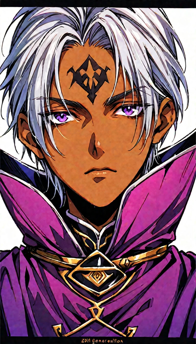 ((Highest quality)), ((masterpiece)), (((White Background))),male,(20th Generation),(Fantasy Costume),(youth),Character portrait,Gray Hair,((Front view)),(Character details),Purple Eyes,Brown skin,Eyes on the forehead