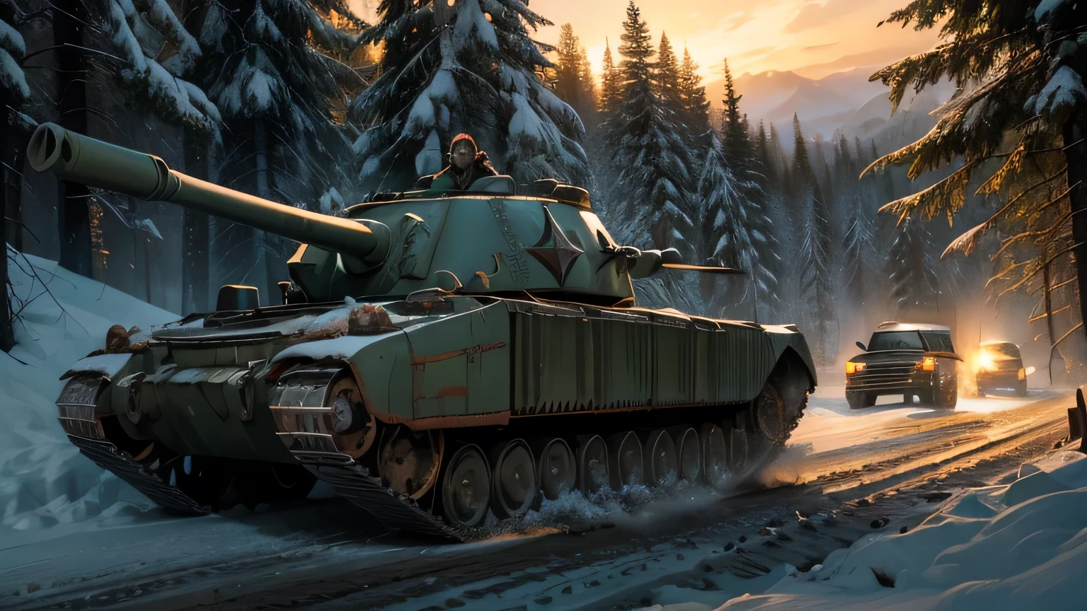 Dramatic lighting, chiaroscuro, bright and sunny daytime, convoy of a dozen recycled vehicles, a rusty armoured tank, school bus with welded armour, old pickups with roof-mounted guns, broken lights, windows full of angry barbarians, driving fast through a dense spruce forest in deep snow