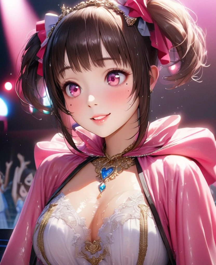 One Girl、Looking at the audience、lovely,
Beautiful pink eyes、short twin tail hair , Mole under the eye、Plump and glossy lips、Heart-shaped choca、Idol、Her name is Rico,smile、ー、。.。.。.。.。.。.。.。.。.。.。.。.。.。.。.。.。.。.3D、Realistic、
The idol's costume was soaked in the heavy rain, and her chest was wet and transparent.Heavy rain at outdoor concert, Drape clothes、gem、The decoration has been removed、Floral、Lace trim,On a glittering stage、
masterpiece、highest quality、8k、Detailed skin texture、Detailed cloth texture、Beautifully detailed face、Intricate details、Very detailed、
超A high resolution、8k Ultra HD、Film Grain、Best Shadow、delicate、Gazing at the audience、front