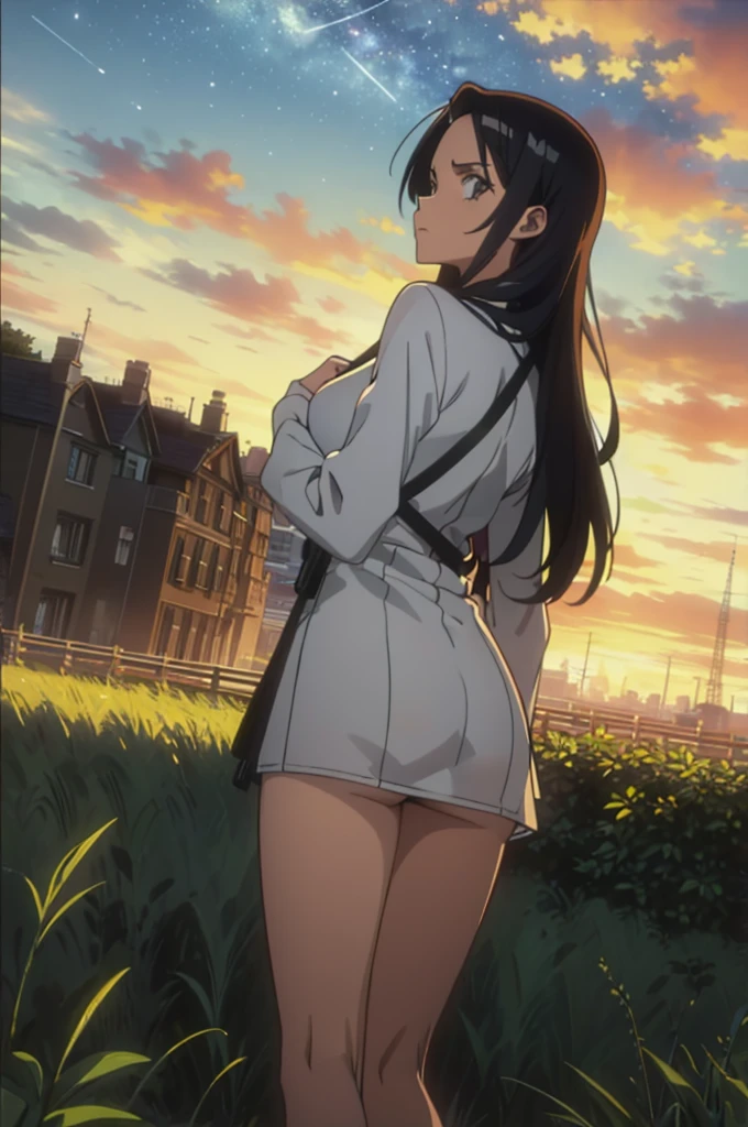 high resolution, (masterpiece:1.4), hyper-detailed, 1 young woman, long black hair, looking at sky, view from back, shooting star, white one piece clothes, grass field, night, alone