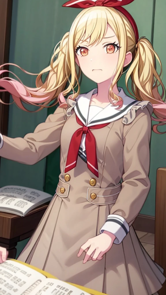 masterpiece, best quality, highres, 1girl, solo, ichigaya arisa, twintails, x hair ornament, , pleated dress, pantyhose, tenmasaki, shirt, long sleeves, twintails , sidelocks, pleated skirt, hairband, serafuku, sailor collar, side ponytail, sweater, neckerchief, eyelashes, buttons, swept bangs, wavy hair, red neckerchief, grey skirt, white sailor collar, orange bow, happy, cowbow shot, piano, sit, playing piano, piano room