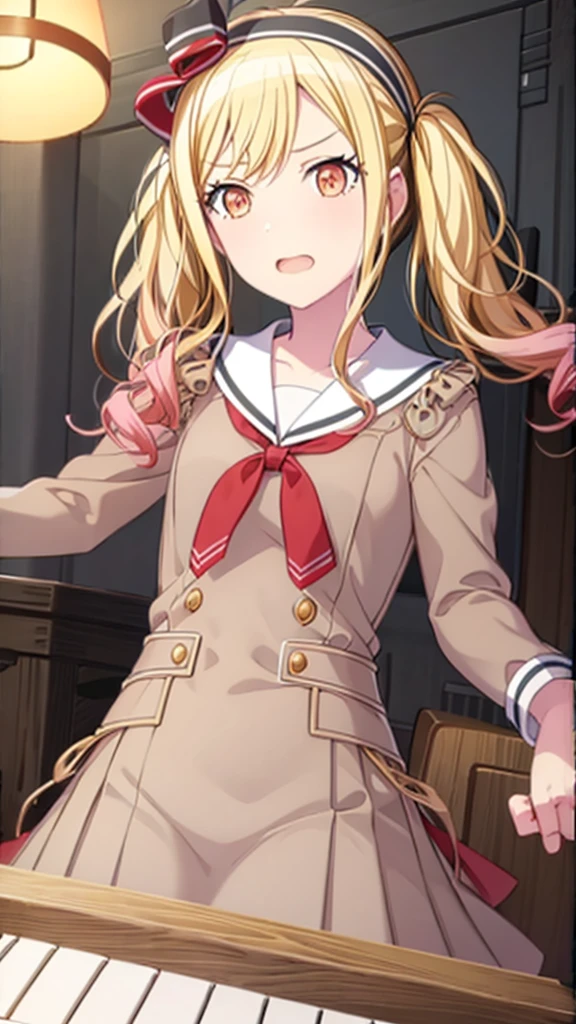 masterpiece, best quality, highres, 1girl, solo, ichigaya arisa, twintails, x hair ornament, , pleated dress, pantyhose, tenmasaki, shirt, long sleeves, twintails , sidelocks, pleated skirt, hairband, serafuku, sailor collar, side ponytail, sweater, neckerchief, eyelashes, buttons, swept bangs, wavy hair, red neckerchief, grey skirt, white sailor collar, orange bow, happy, cowbow shot, piano, sit, playing piano, piano room