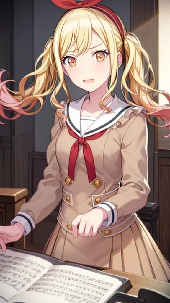 masterpiece, best quality, highres, 1girl, solo, ichigaya arisa, twintails, x hair ornament, , pleated dress, pantyhose, tenmasaki, shirt, long sleeves, twintails , sidelocks, pleated skirt, hairband, serafuku, sailor collar, side ponytail, sweater, neckerchief, eyelashes, buttons, swept bangs, wavy hair, red neckerchief, grey skirt, white sailor collar, orange bow, happy, cowbow shot, piano, sit, playing piano, piano room