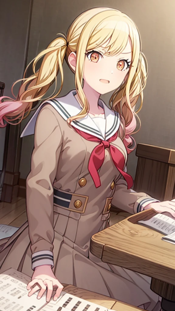 masterpiece, best quality, highres, 1girl, solo, ichigaya arisa, twintails, x hair ornament, , pleated dress, pantyhose, tenmasaki, shirt, long sleeves, twintails , sidelocks, pleated skirt, hairband, serafuku, sailor collar, side ponytail, sweater, neckerchief, eyelashes, buttons, swept bangs, wavy hair, red neckerchief, grey skirt, white sailor collar, orange bow, happy, cowbow shot, piano, sit, playing piano, piano room