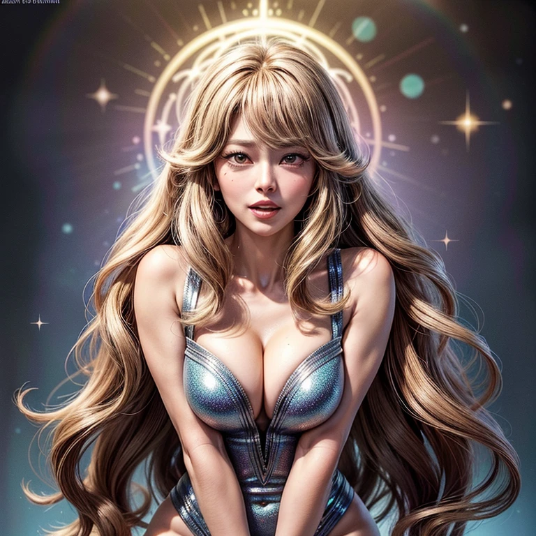 NSFW, 8k, High-level, absurd, masterpiece, best quality, primitive, very detailed CG, very detailed wallpaper, perfect lighting, Extremely detailed ((( personifying " Farrah Fawcett Majors " as a ))), MysticSight, Tyndall effect, Tyndall scattering, (Studio gray background with (Overflowing oodles Dazzling RainbowColorParticles (BokeH))), (RoundlyButts, ThighGap), (Exposed:0.4), (Assfocus with looking ahead) BREAK  (Acutance:0.88), (NOGIZAKA face variations) Extremely Detailed very KAWAII face variations, perfect anatomy, Childish, CaptivatingGaze ElaboratePupils detailed Eyes with (sparkling highlights:1.28), (Voluminous LongEyelashes、GlossyRED Lips with beautiful details, RosyCheeks, Radiant PearlSkin with Transparency . { (Dynamic LifeLike expressions:1.4) | :d) }, (large eyes:-1) .