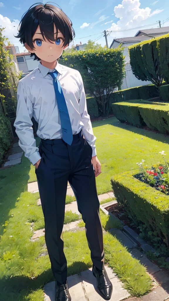 Little boy with hair, light skin, blue eyes, suit, blue tie, dark pants, In the garden