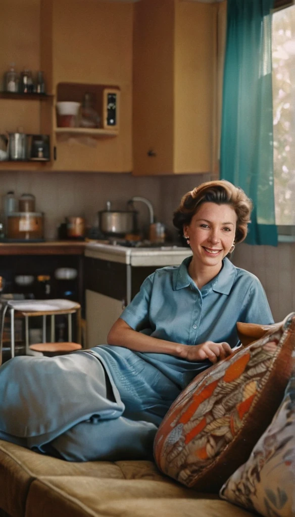 An analog photo of a woman with translucent Hgrande colors, leisurely lounging on a sofa adorned with plush pillows, 1960s kitchen with retro style at the background, 1963 50mm vintage beautiful photo, morning light, Kodak Camera, soft focus, hq, warm light, muted colors, cozy, atmospheric, sinister, High fidelity.  8k, hq, render, Hyperrealism, cinestill distance light i no people happy mood, johansson, looking at the experience, Moodyon Film grain, lens flare, Leica M9, f/1.2, 1/30, ISO 200, 1/250s, f/8, symmetrical balance, in-frame, elegant, highly detailed, subtle smiling, sharp focus, art adamss of colours