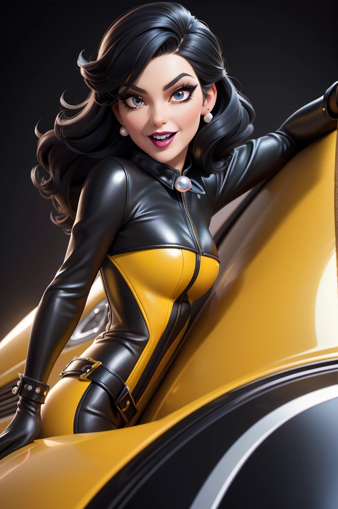 obra prima, melhor qualidade, (emma peel vamp 70yo face wrinkles) head back, sassy wicked girl, big toothy smile, open mouth, ((shiny pearl white lipstick,)) thick smoky black eye shadow, long fake eyelashes, raven black mullet hair, ((totally yellow leather spy girl suit,)) with studs zippers snaps, shiny leather gloves, body is skinny, laying down on hood of sports car, dazzle pose, pinup pose, exaggerated selfie pose, camera view of whole body, looking up at me, shallow depth of field, highres, HD, 8k, anatomically correct